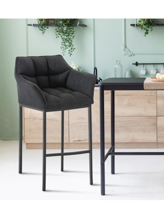 Tabouret de bar Damaso B en tissu avec structure à 4 pieds, gris foncé