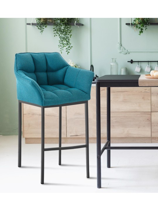 Tabouret de bar Damaso B en tissu avec structure à 4 pieds, turquoise