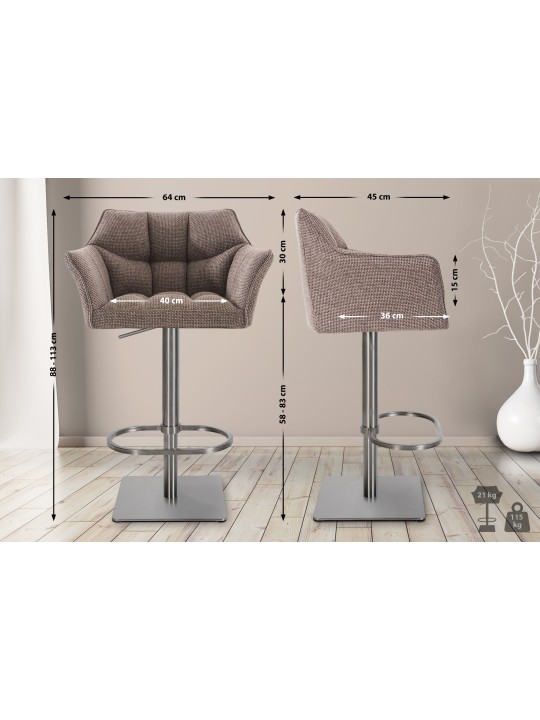 Lot de 2 tabourets de bar tissu Damaso acier inoxydable, terre brune