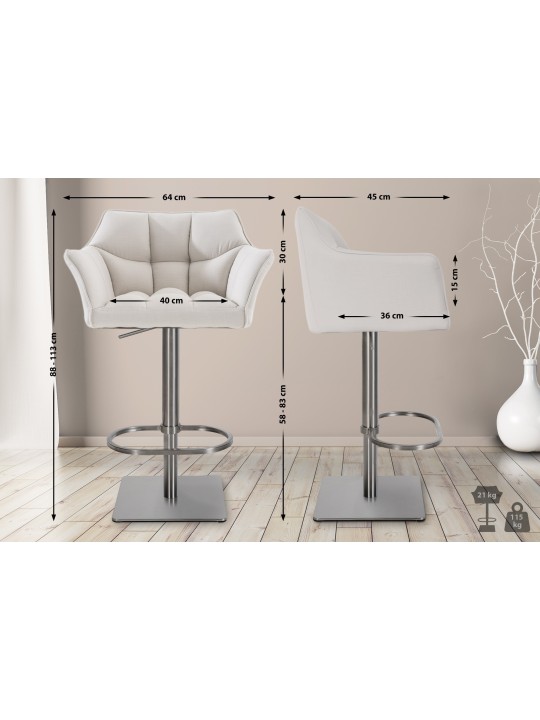 Lot de 2 tabourets de bar tissu Damaso acier inoxydable, blanc