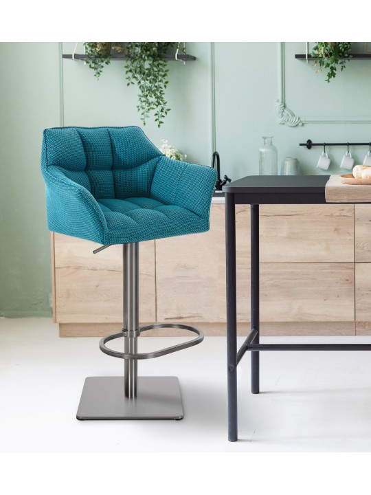Lot de 2 tabourets de bar tissu Damaso acier inoxydable, turquoise