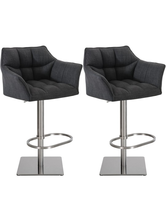 Lot de 2 tabourets de bar tissu Damaso acier inoxydable, gris foncé