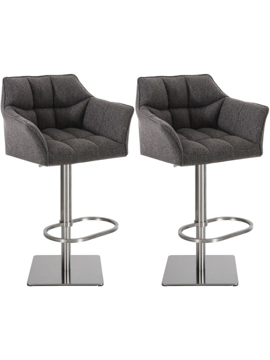 Lot de 2 tabourets de bar tissu Damaso acier inoxydable, gris titane