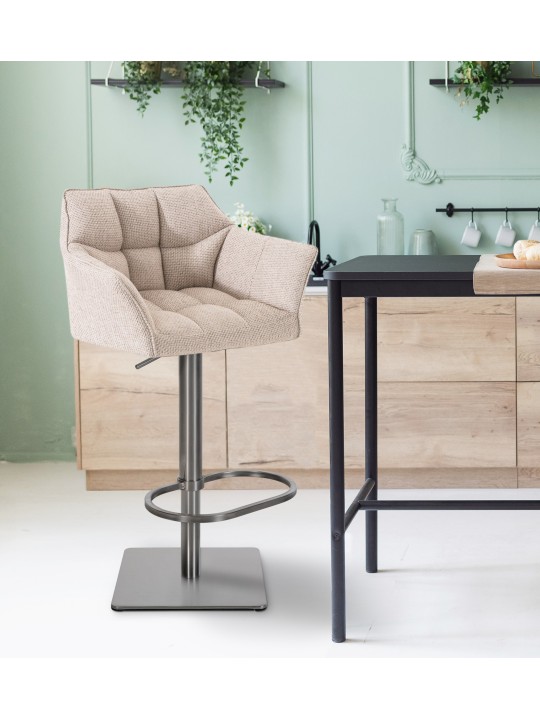 Lot de 2 tabourets de bar tissu Damaso acier inoxydable, ivoire