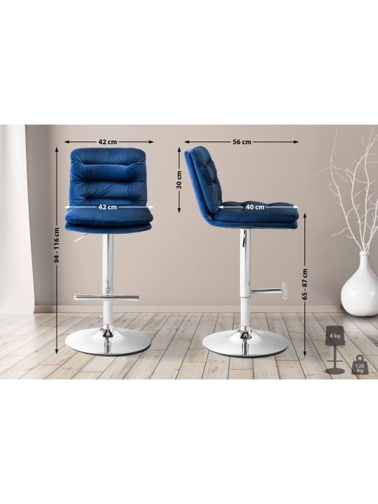 Tabouret de bar Damar velours chrome, bleu
