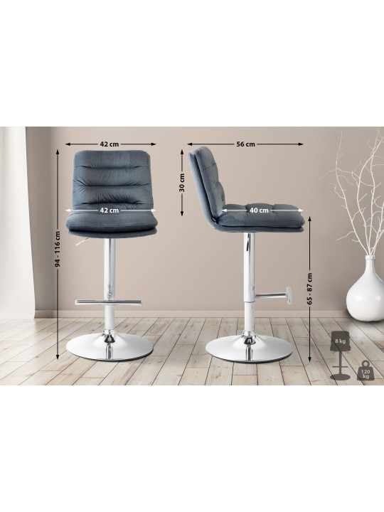 Tabouret de bar Damar velours chrome, gris foncé