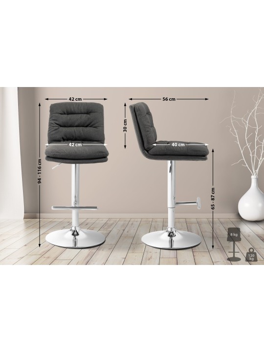 Tabouret de bar Damar tissu chromé, gris foncé
