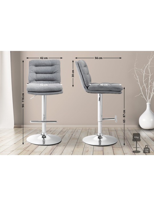 Tabouret de bar Damar tissu chromé, gris