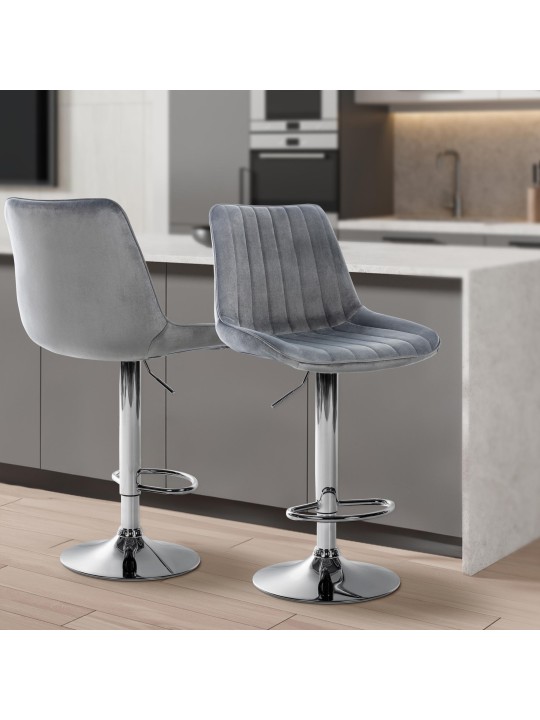 Lot de 2 tabourets de bar Toni velours chrome, gris foncé