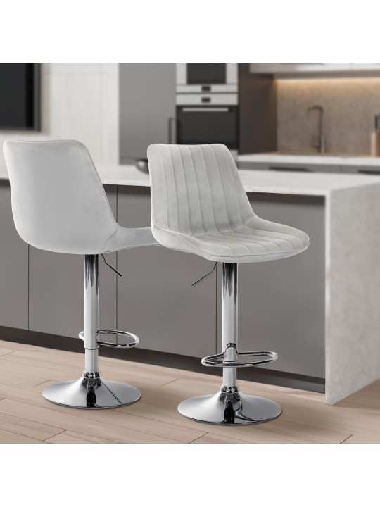 Lot de 2 tabourets de bar Toni velours chrome, gris