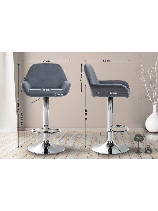Tabouret de bar Braga velours chrome, gris foncé