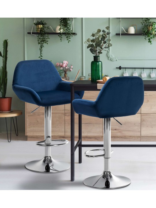Lot de 2 tabourets de bar Braga velours chrome, bleu