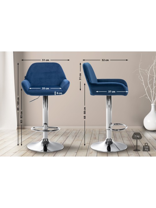 Lot de 2 tabourets de bar Braga velours chrome, bleu