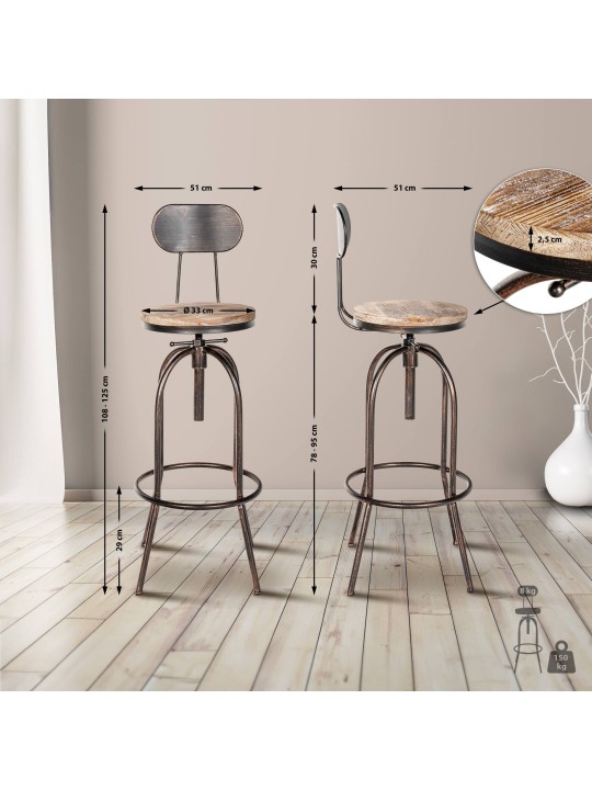 Tabouret de bar Pino, bois, bronze