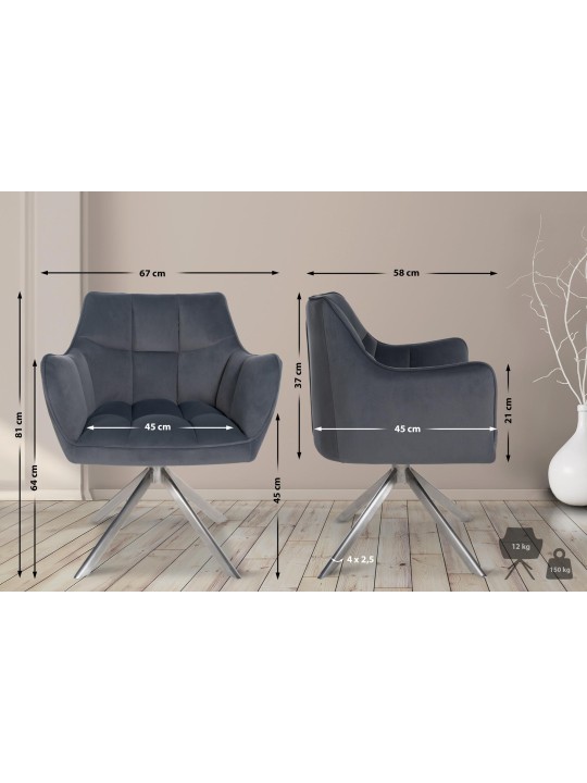 Chaise de salle à manger Swing velours acier inoxydable, gris foncé