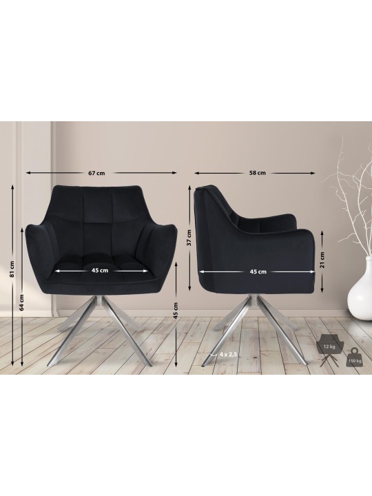 Chaise de salle à manger Swing velours acier inoxydable, noir
