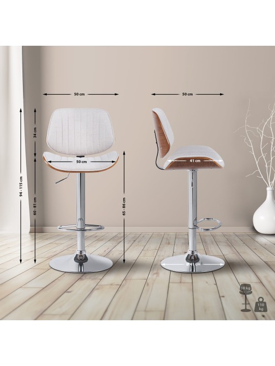 Tabouret de bar Clawson tissu chrome, noyer/crème