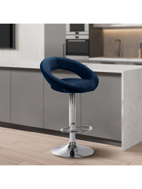 Tabouret de bar Olinda velours chrome, bleu
