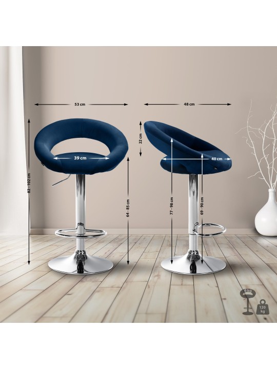 Tabouret de bar Olinda velours chrome, bleu