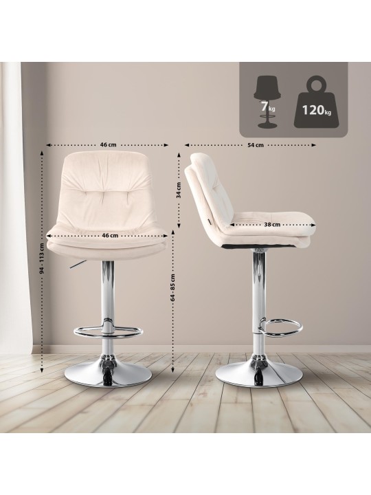 Tabouret de bar Laurel velours chrome, crème