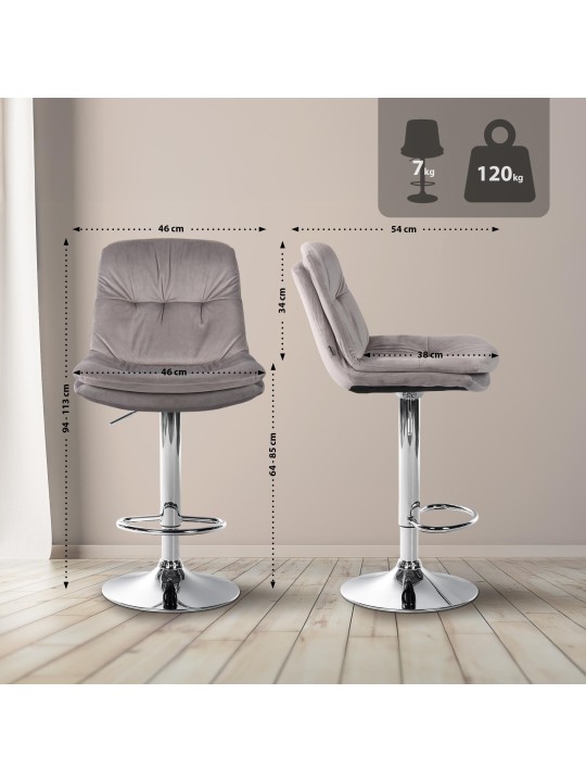 Tabouret de Bar Laurel Velours Chrome, gris