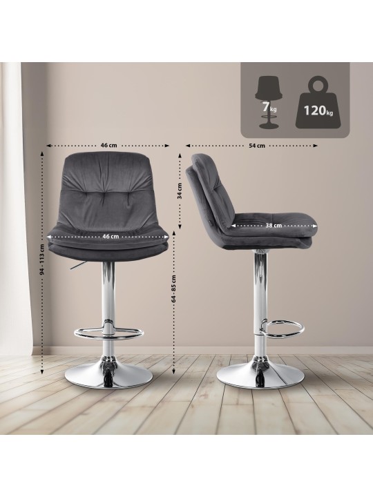 Tabouret de Bar Laurel Velours Chrome, gris foncé