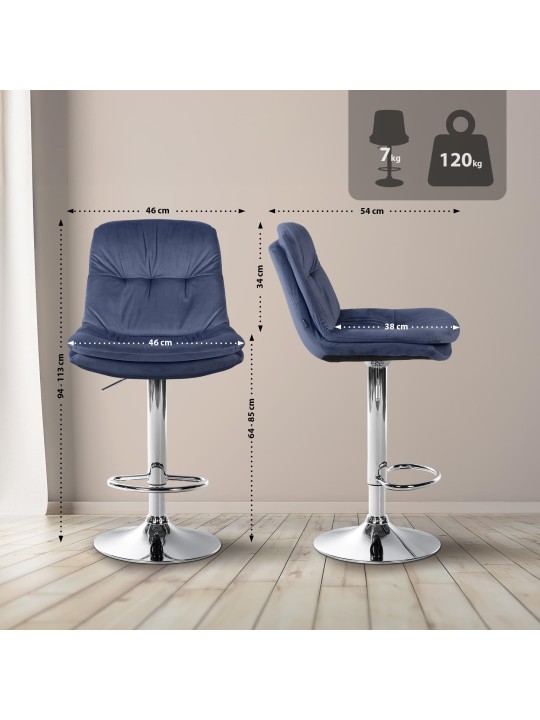 Tabouret de Bar Laurel Velours Chrome, bleu