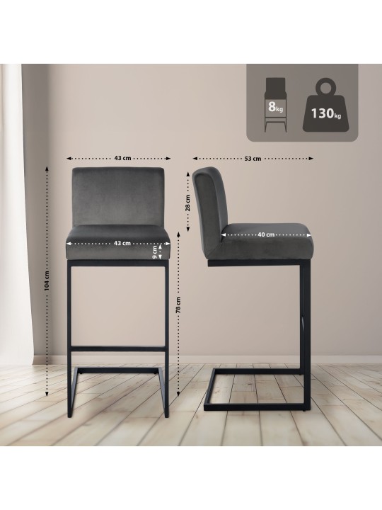 Tabouret de bar Hopewell velours B, gris Tabouret de bar Hopewell velours B, gris