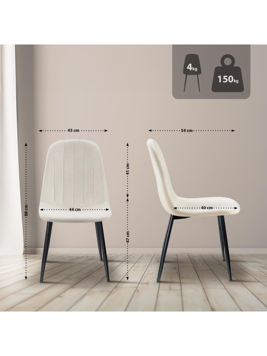 Lot de 4 chaises de salle à manger Baxter velours, blanc crème