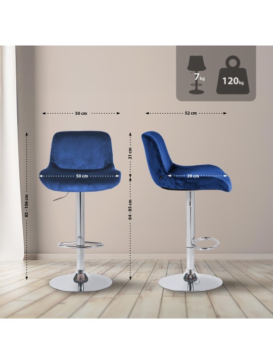 Tabouret de bar Solon velours chromé, bleu