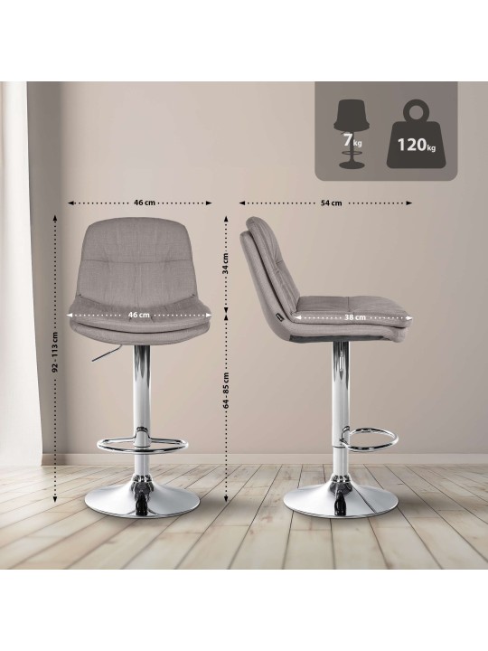 Tabouret de bar Laurel tissu chromé, gris Tabouret de bar Laurel tissu chromé, gris