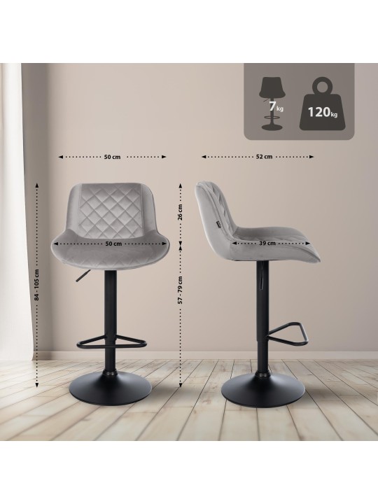 Tabouret de bar Kasson velours, gris