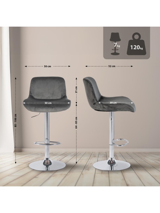 Lot de 2 tabourets de bar Solon velours chromé, gris foncé