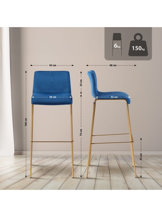 Tabouret de bar Hoover Velours 4 pieds Or, bleu