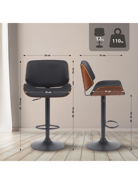 Tabouret de bar Beverley B tissu, noyer/noir