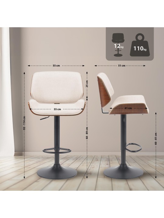 Tabouret de bar Beverley B tissu, noyer/crème