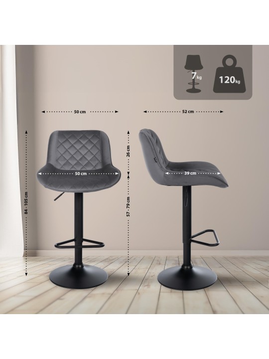 Lot de 2 tabourets de bar Kasson velours, gris foncé