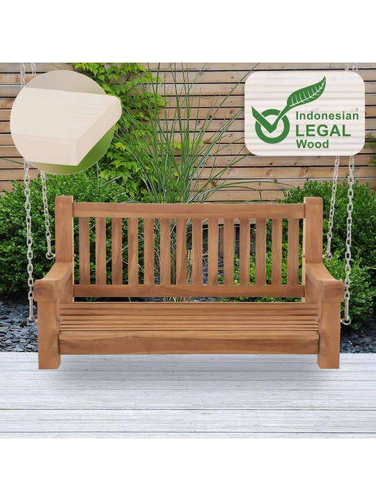 Banc à bascule Joyce avec coussin d'assise 120 cm + teck, crème Banc à bascule Joyce avec coussin d'assise 120 cm + teck, crème