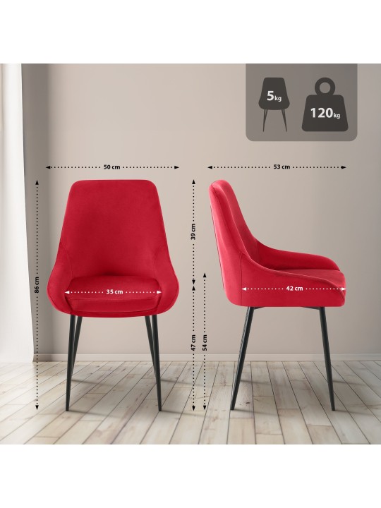 Lot de 2 chaises de salle à manger Elmira velours, rouge