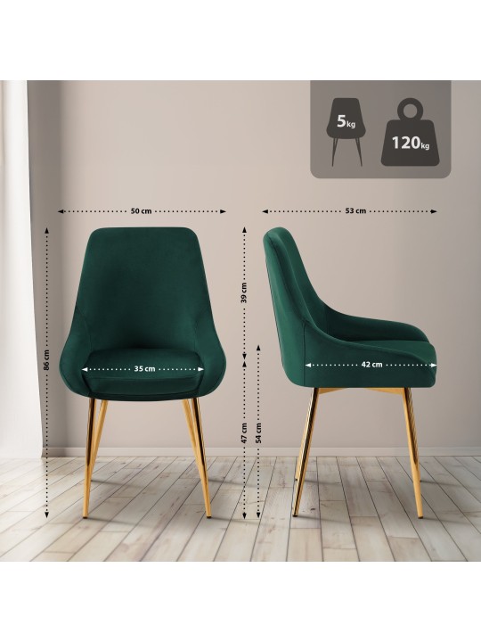 Lot de 2 chaises de salle à manger Elmira velours doré, vert