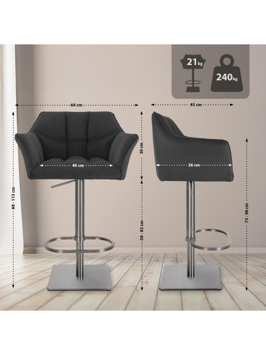 Tabouret de bar Damaso E Cord, gris foncé