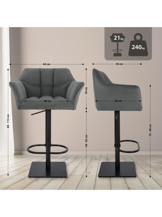 Tabouret de bar Damaso B Cord, gris
