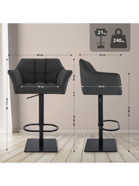 Tabouret de bar Damaso B Cord, gris foncé