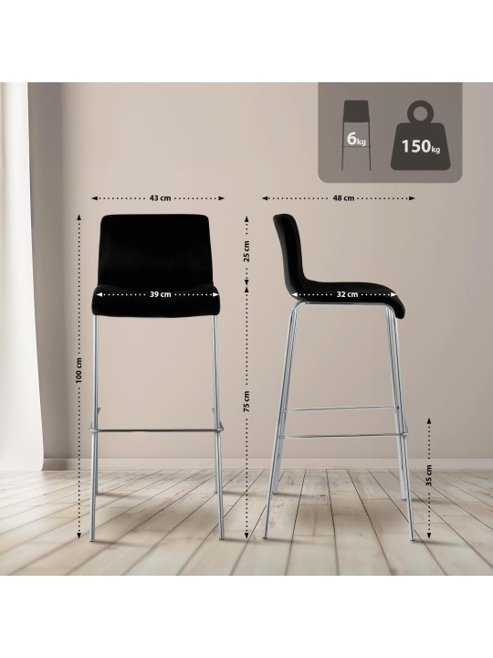 Tabouret de bar Hoover velours 4 pieds chrome, noir Tabouret de bar Hoover velours 4 pieds chrome, noir