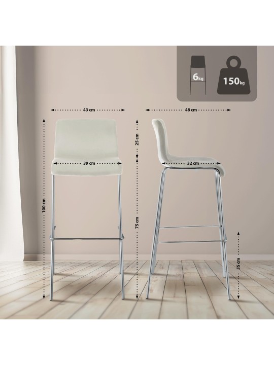 Tabouret de bar Hoover velours 4 pieds chrome, crème
