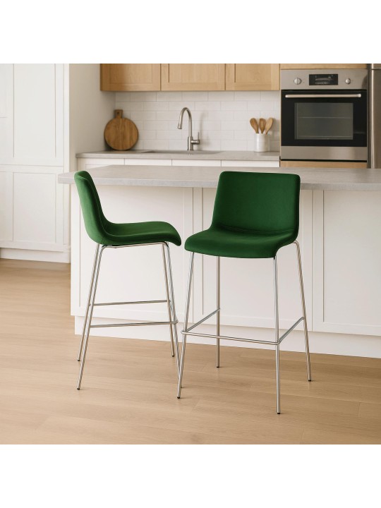 Tabouret de bar Hoover velours 4 pieds chrome, vert Tabouret de bar Hoover velours 4 pieds chrome, vert
