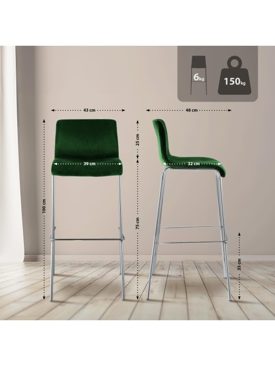 Tabouret de bar Hoover velours 4 pieds chrome, vert Tabouret de bar Hoover velours 4 pieds chrome, vert