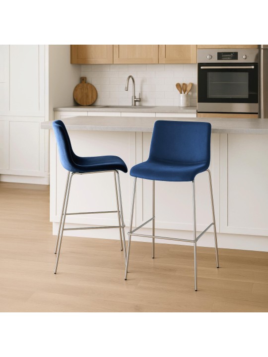 Tabouret de bar Hoover velours 4 pieds chrome, bleu Tabouret de bar Hoover velours 4 pieds chrome, bleu