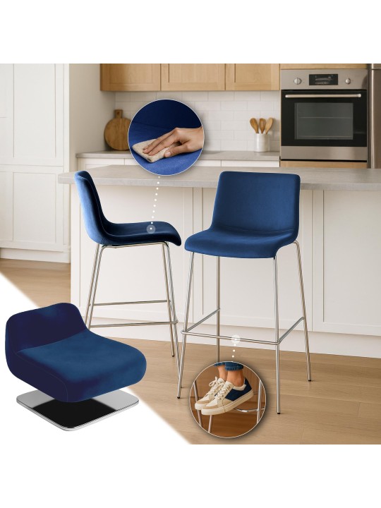 Tabouret de bar Hoover velours 4 pieds chrome, bleu Tabouret de bar Hoover velours 4 pieds chrome, bleu