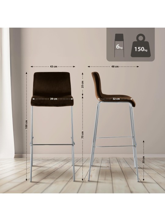 Tabouret de bar Hoover velours 4 pieds chrome, brun Tabouret de bar Hoover velours 4 pieds chrome, brun
